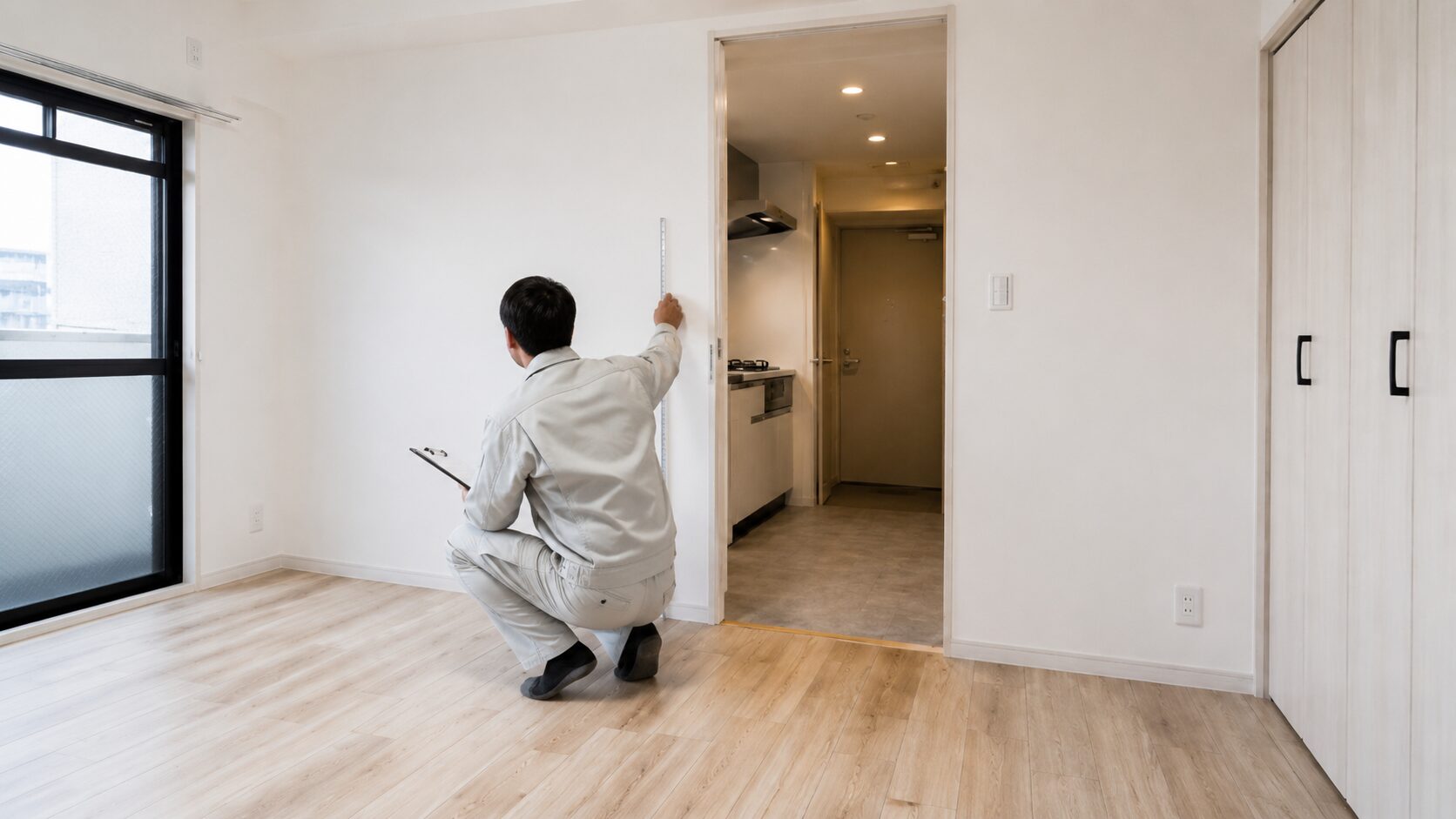 生駒市周辺で投資用物件リフォームの現地確認を行う職人の作業風景